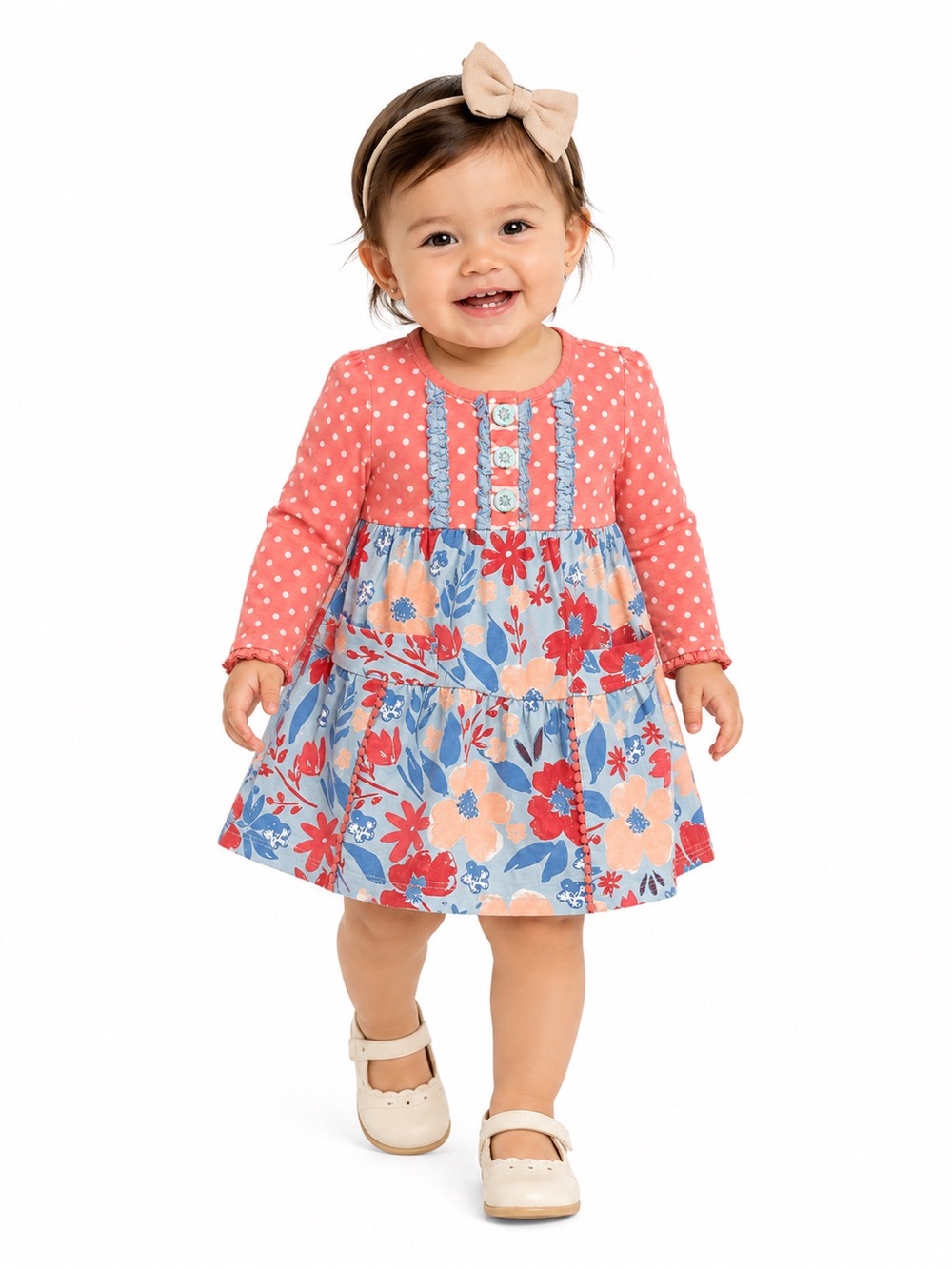 EUC Matilda Jane Toddler Floral Patchwork Dress in Coral and Blue